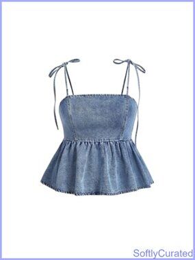 Plus Size Ruffle Denim Cami Peplum Crop Top Tie Shoulder